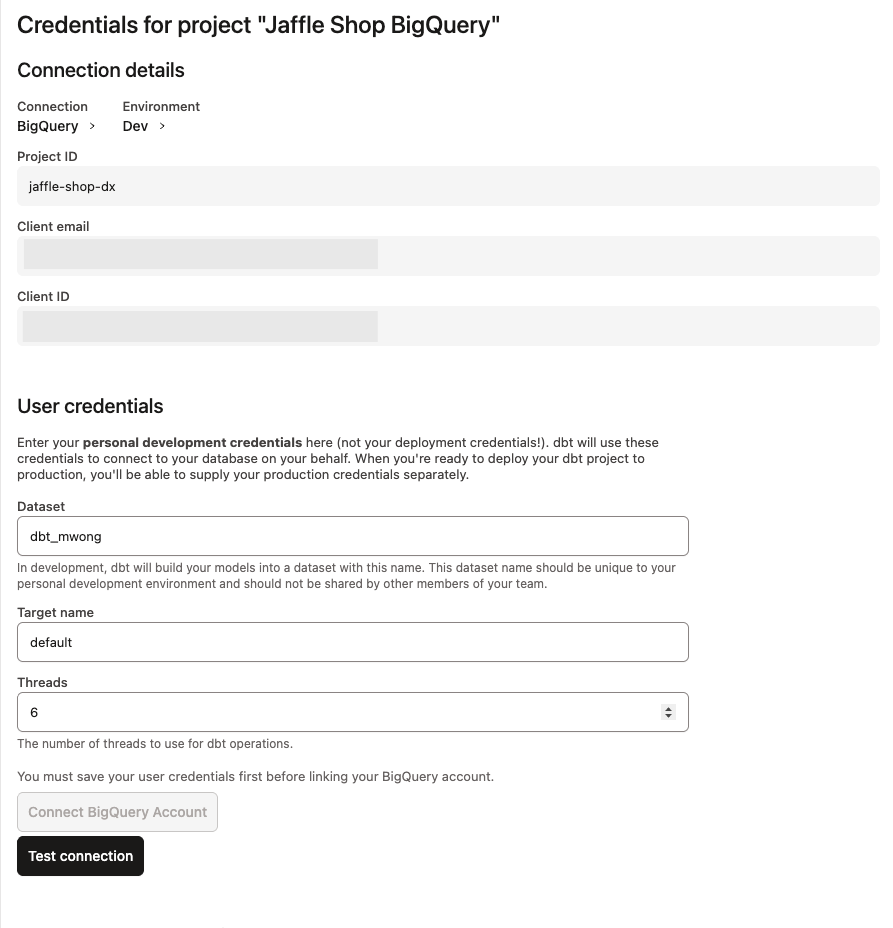 BigQuery User credentials BigQuery User credentials