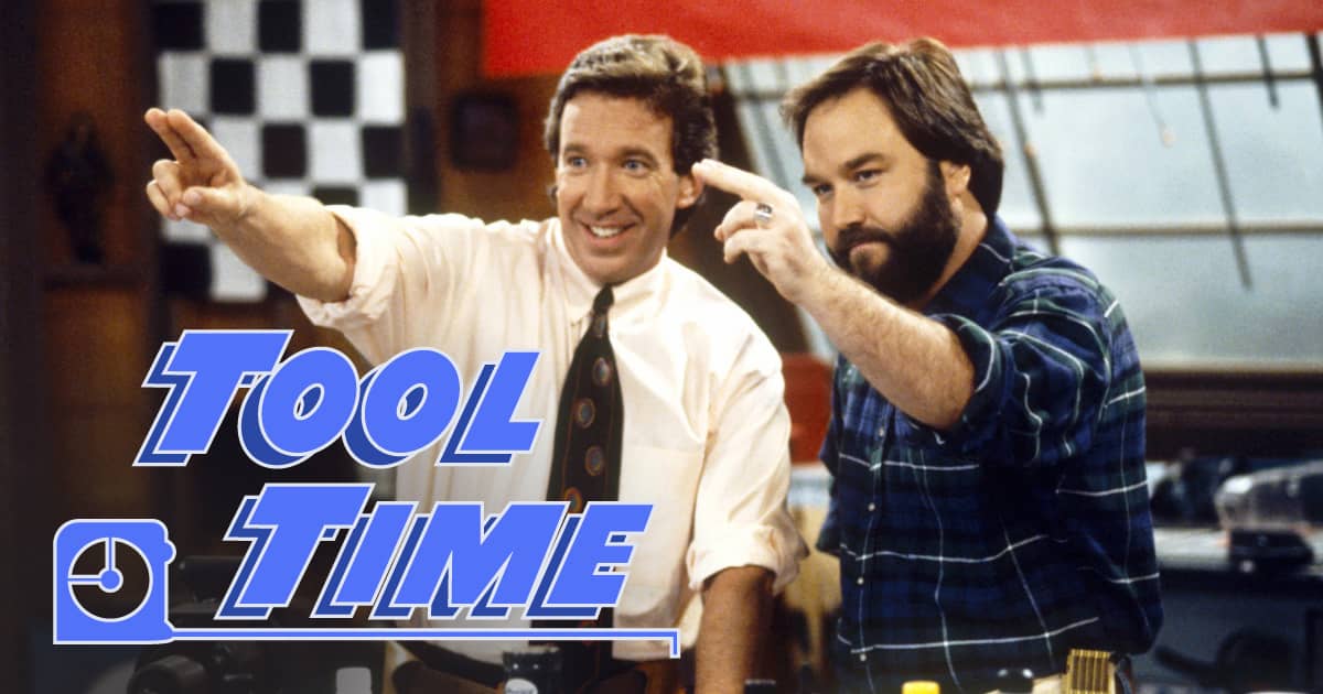 Tool Time hosts Tim Taylor and Al Borland pointing toward the show's logo