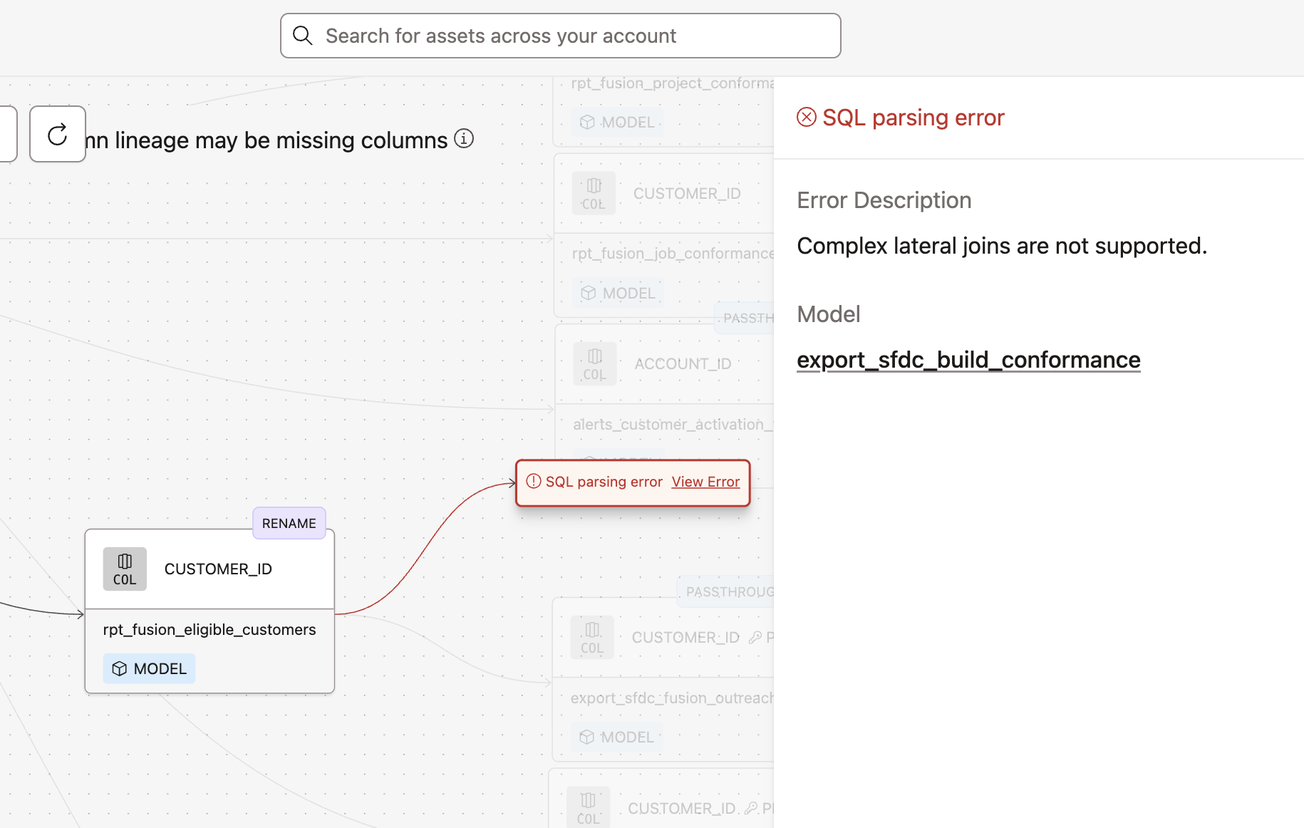 Example of warning in the full lineage graph