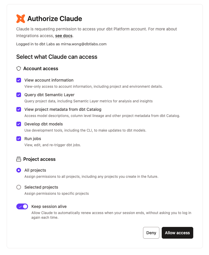 OAuth consent screen showing requested scopes and project access