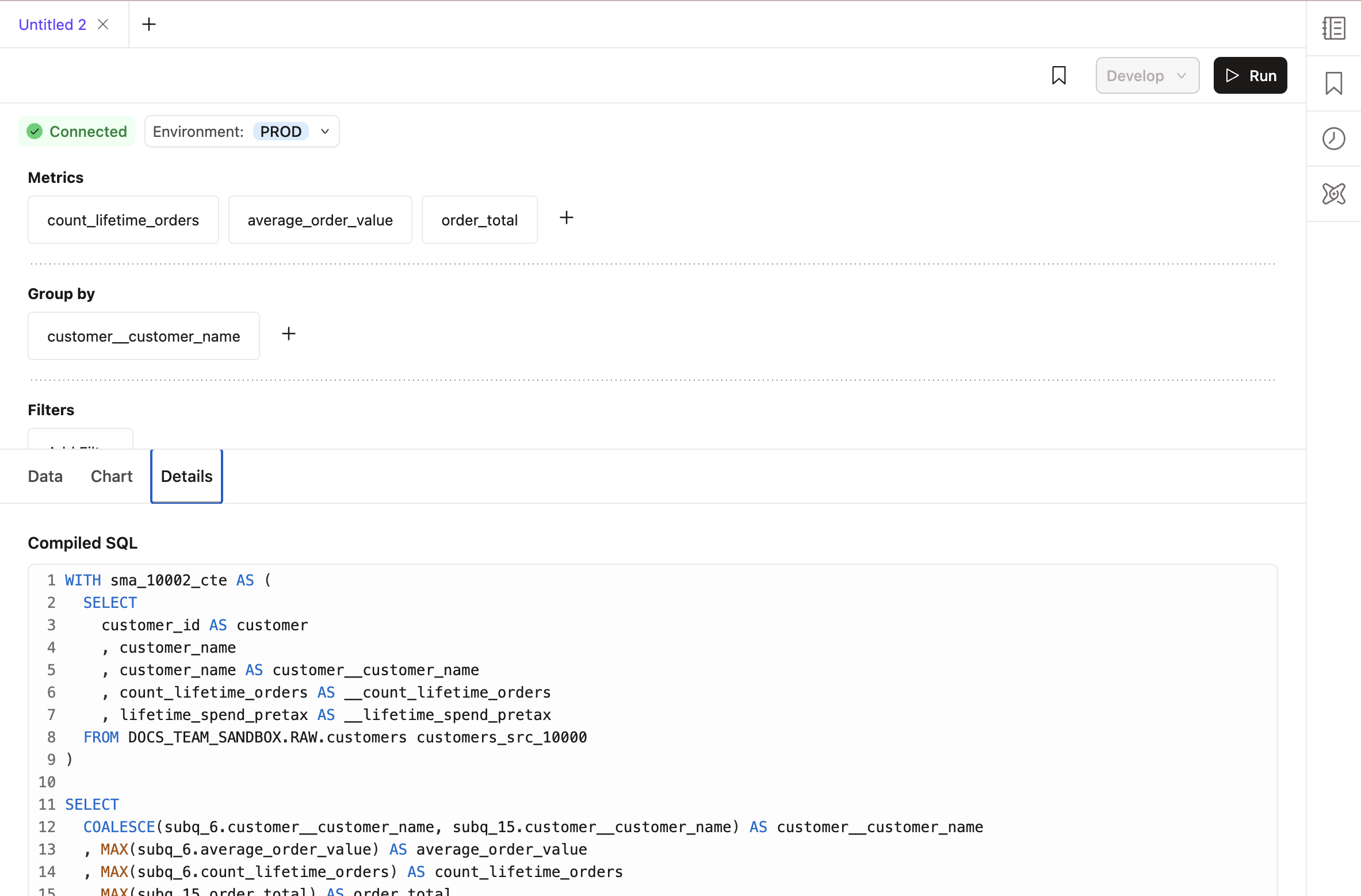 The generated SQL code in the Details tab The generated SQL code in the Details tab