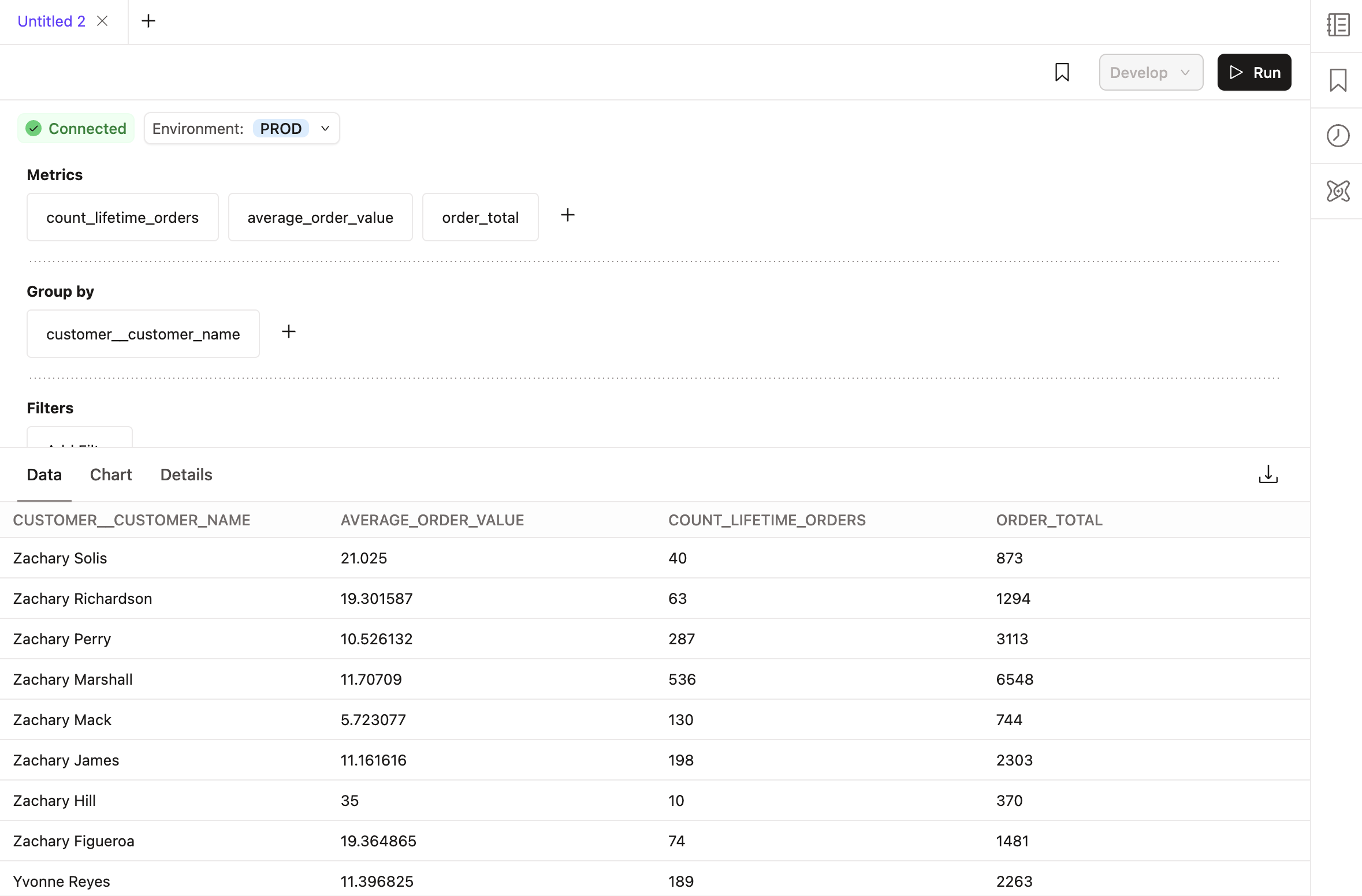 Results are displayed in the Data tab Results are displayed in the Data tab