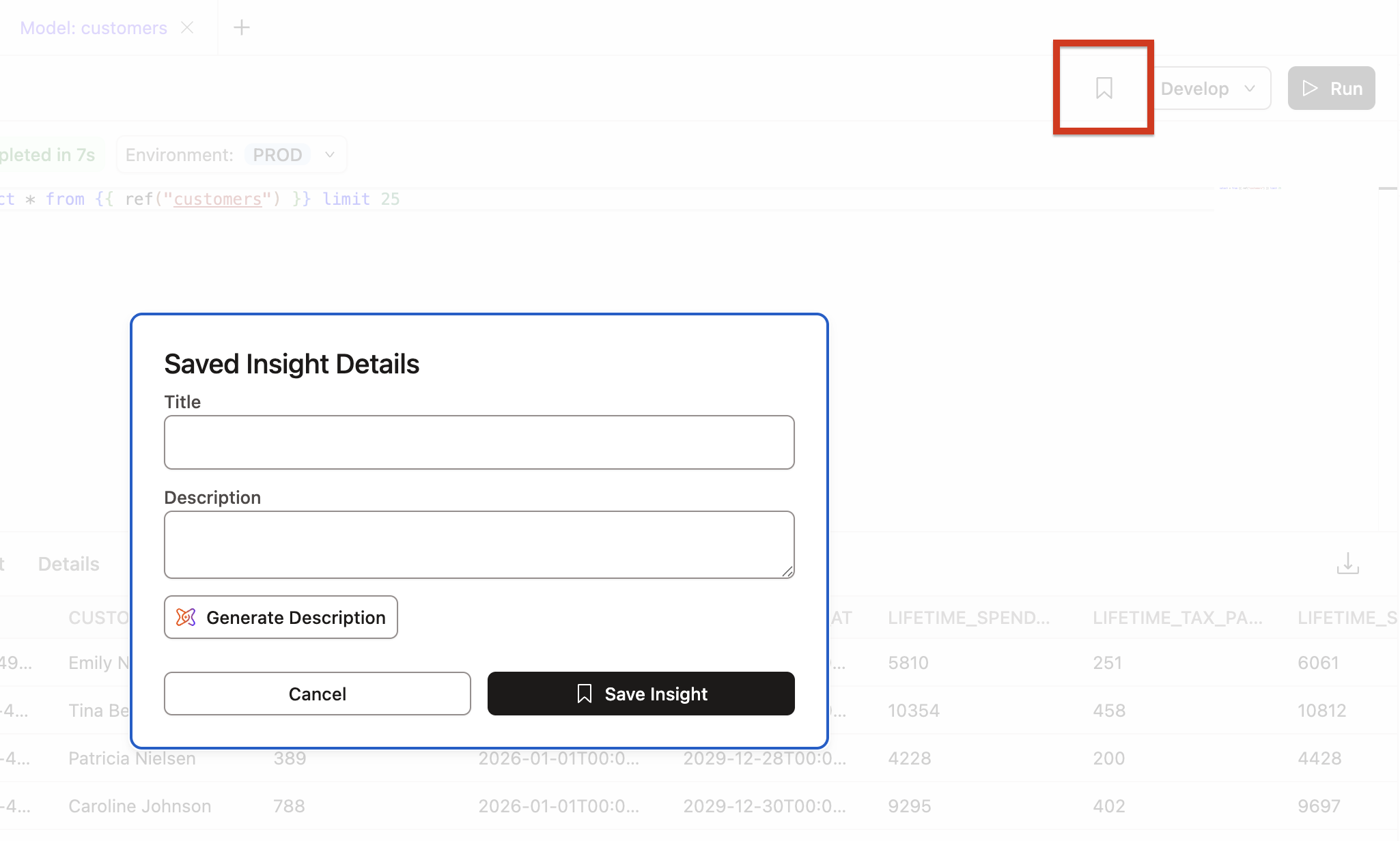 Bookmark Query Details modal