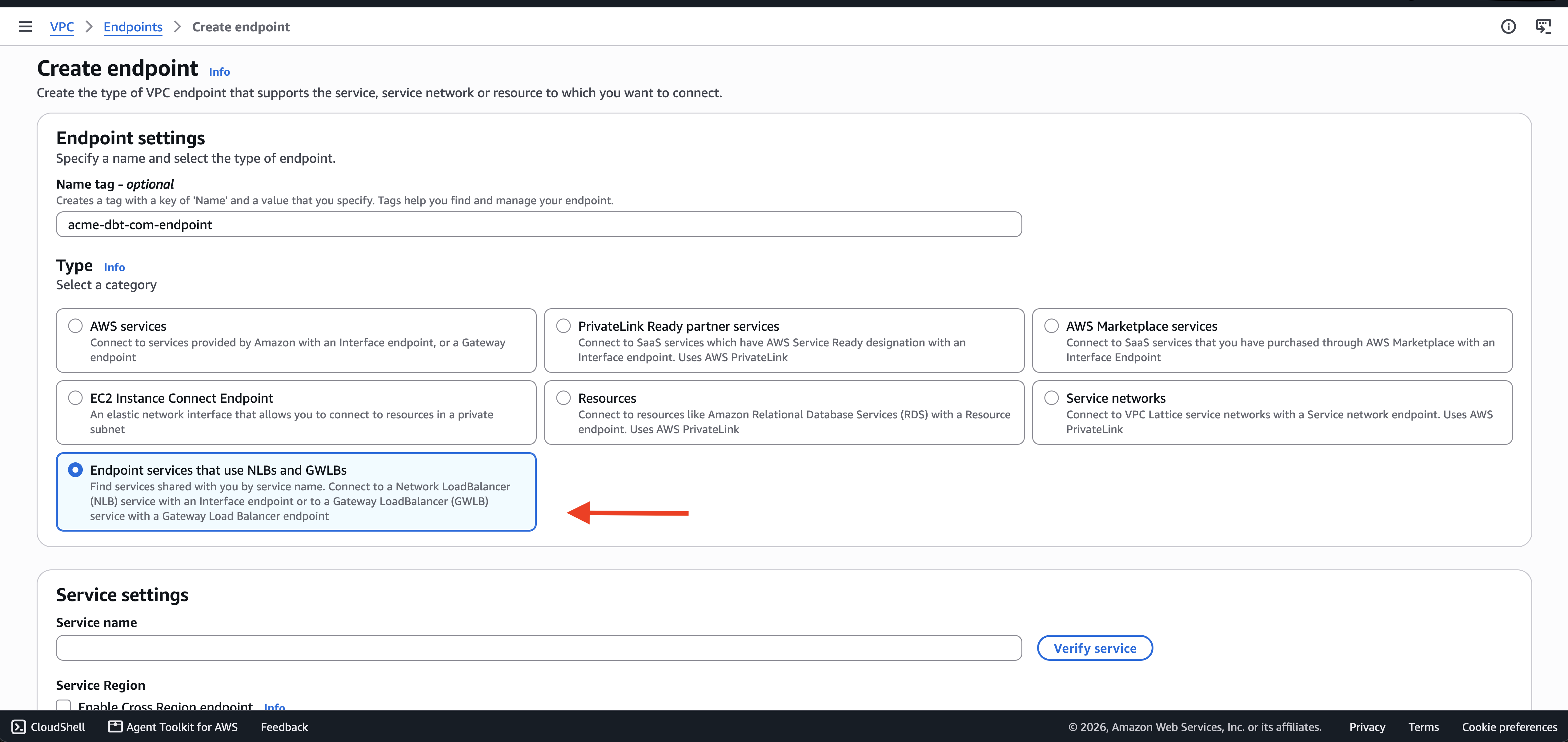 Create endpoint page with 'Endpoint services that use NLBs and GWLBs' selected as the type Create endpoint page with 'Endpoint services that use NLBs and GWLBs' selected as the type