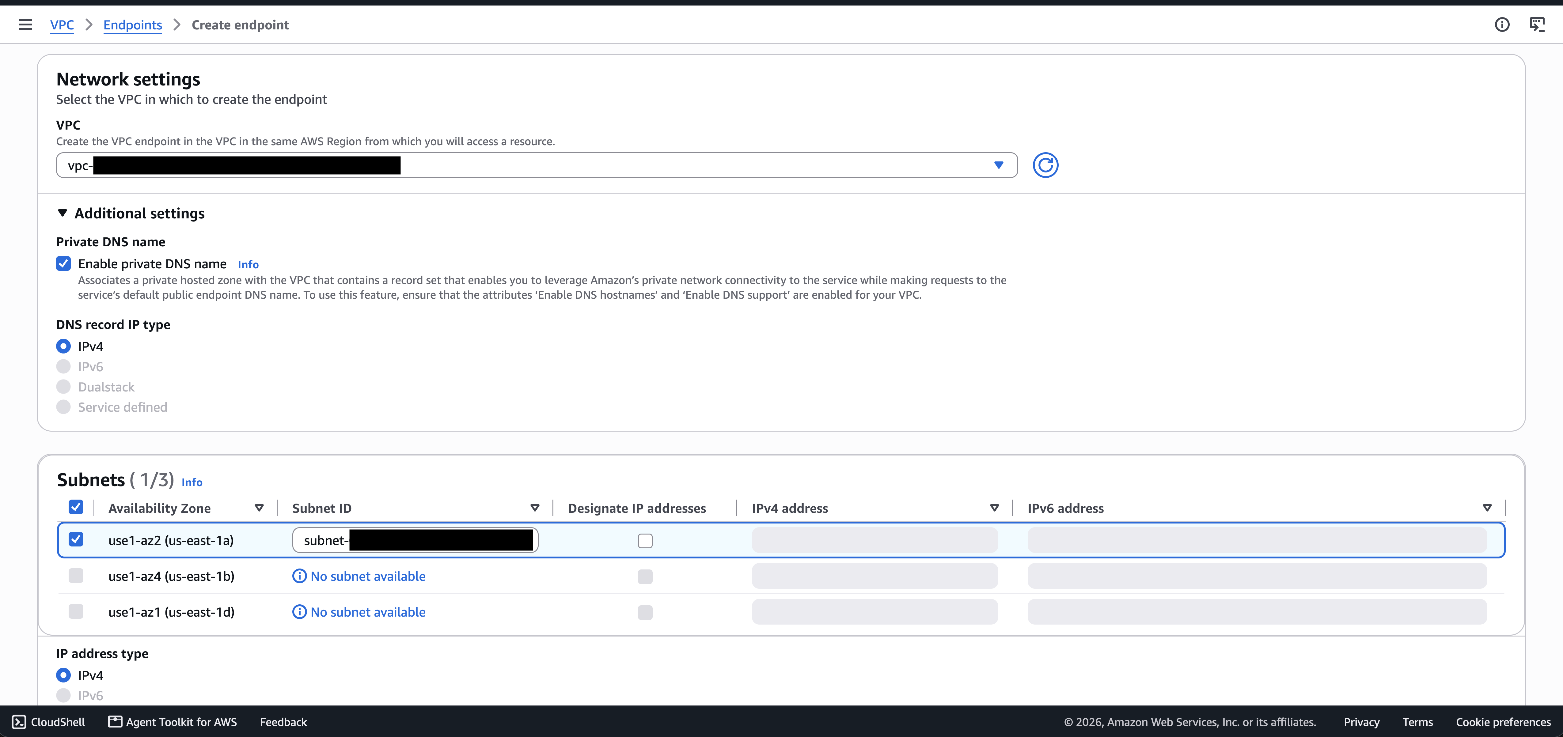 Enable private DNS name selected under Additional settings