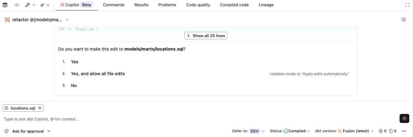dbt Wizard in Ask for approval mode, requesting approval before making file edits. dbt Wizard in Ask for approval mode, requesting approval before making file edits.