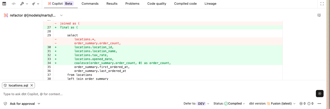 dbt Wizard displaying a diff of proposed YAML changes with line indicators and copy/open options.