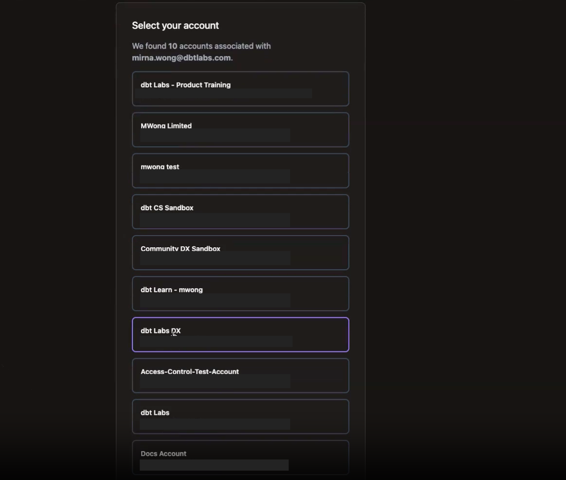 Select account to login to dbt platform