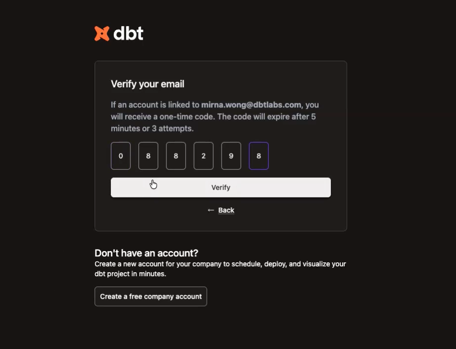 Verify code to login to dbt platform Verify code to login to dbt platform