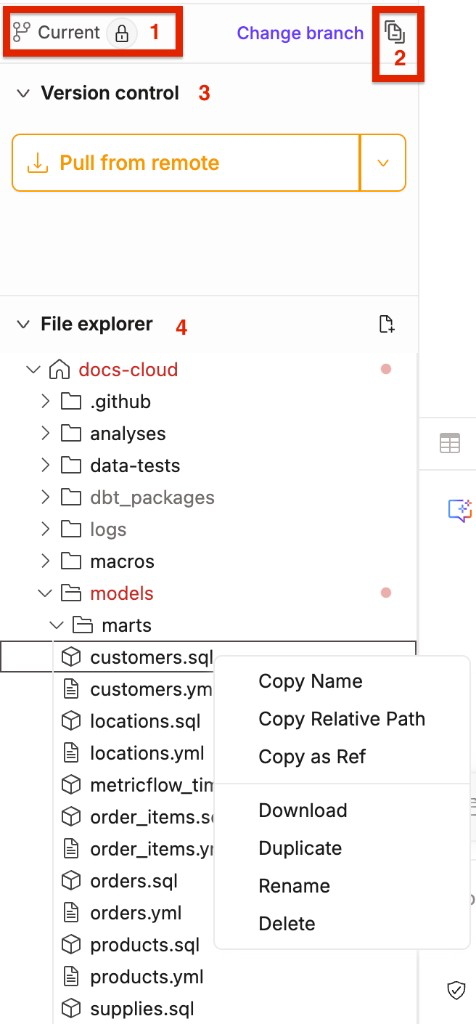 The Git repo link, documentation site button, Version Control menu, and File Explorer