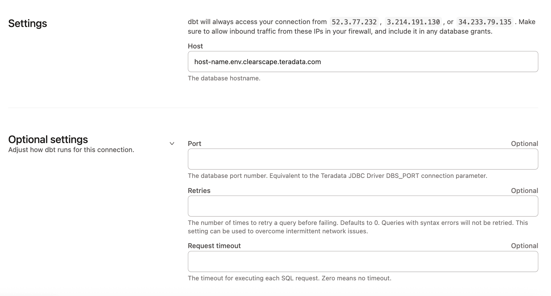 Example of the Teradata connection fields.
