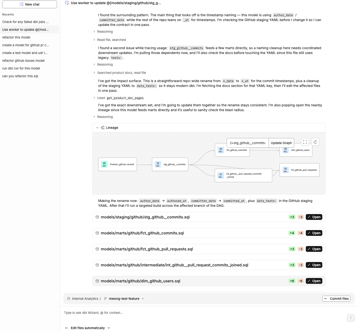 dbt Wizard agent refactoring a docs github model for tech writers :) 