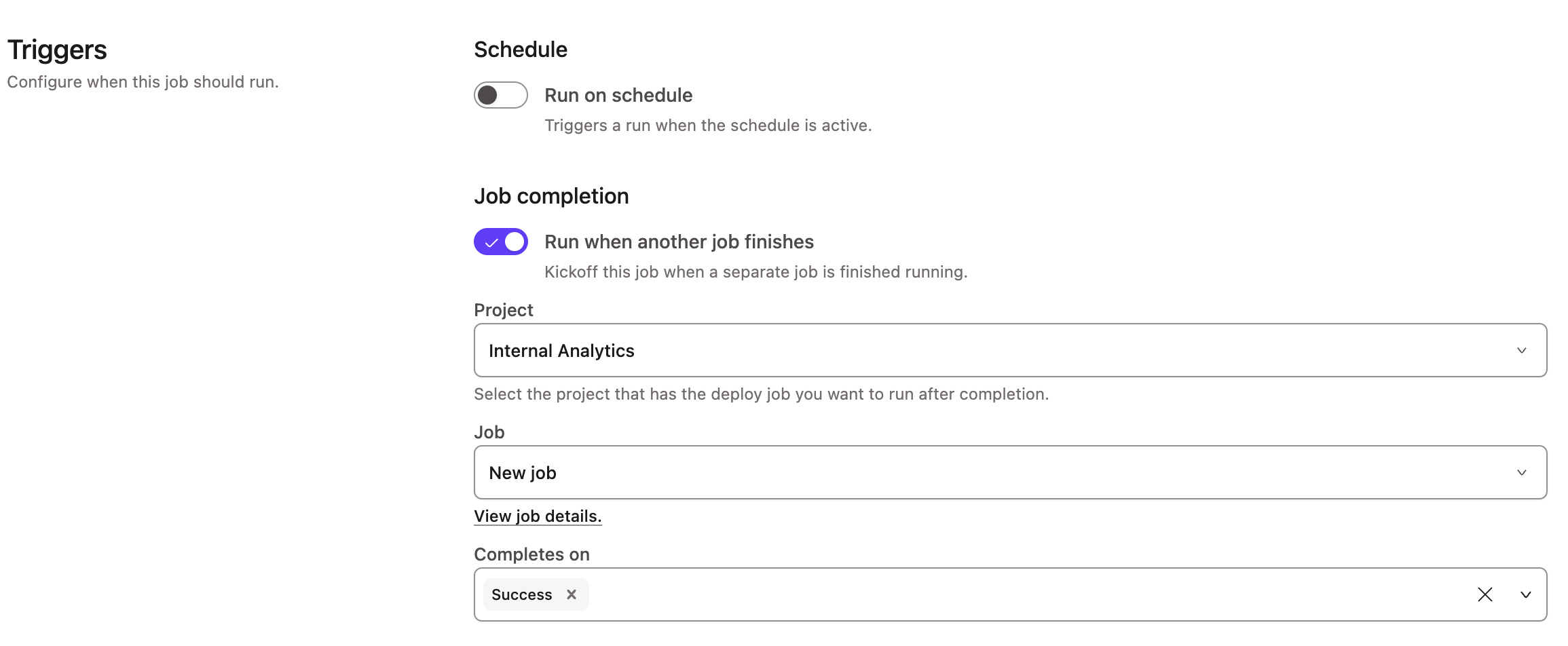 Example of Trigger on job completion on the Deploy job page