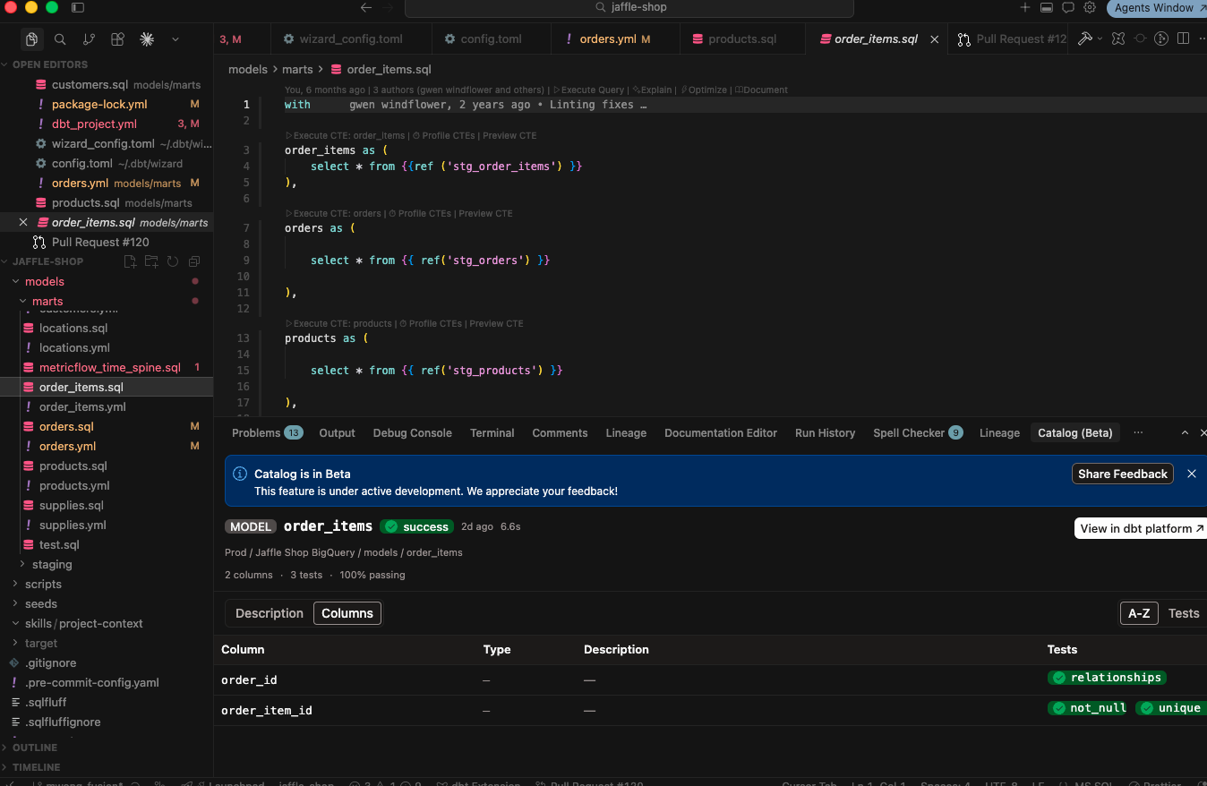 Example of the Catalog tab in the dbt VS Code extension