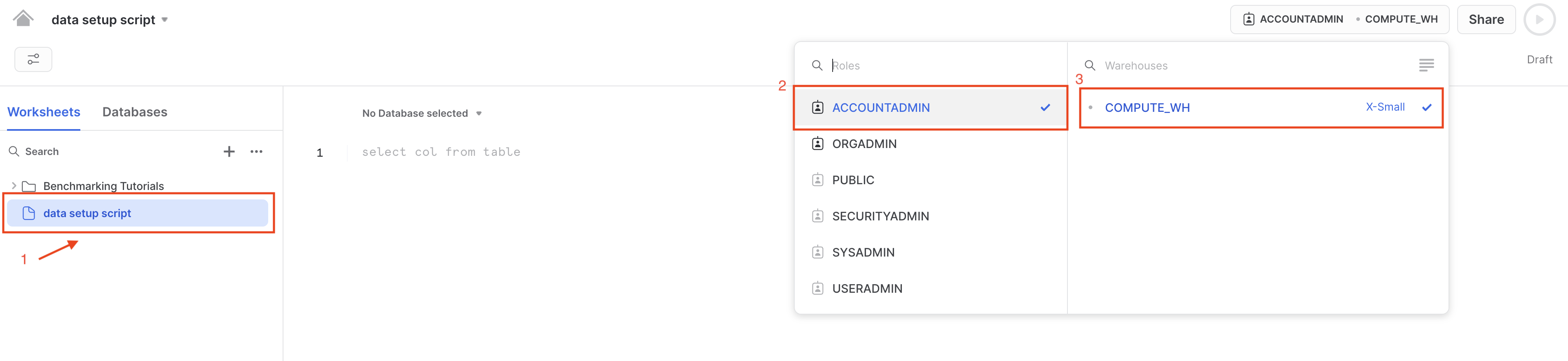 Rename worksheet and select warehouse Rename worksheet and select warehouse