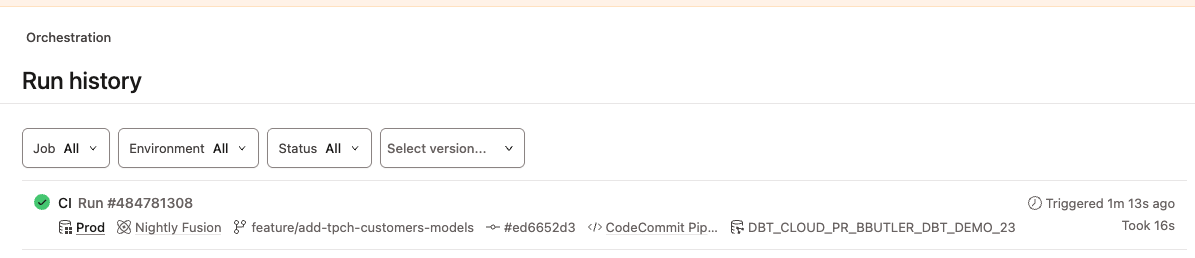 Check dbt run history for CodeCommit build triggered
