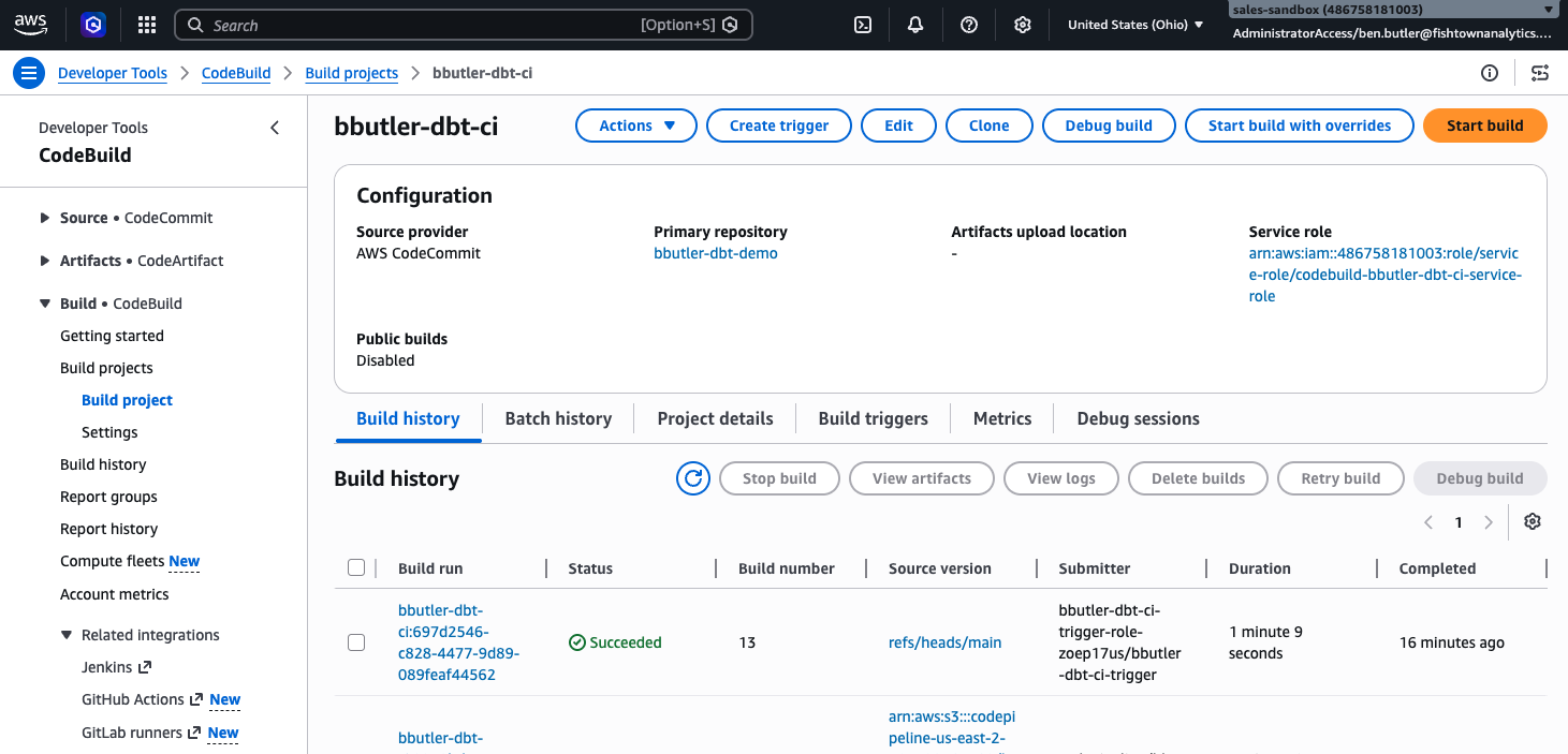 Find new build under build history of CodeBuild console Find new build under build history of CodeBuild console