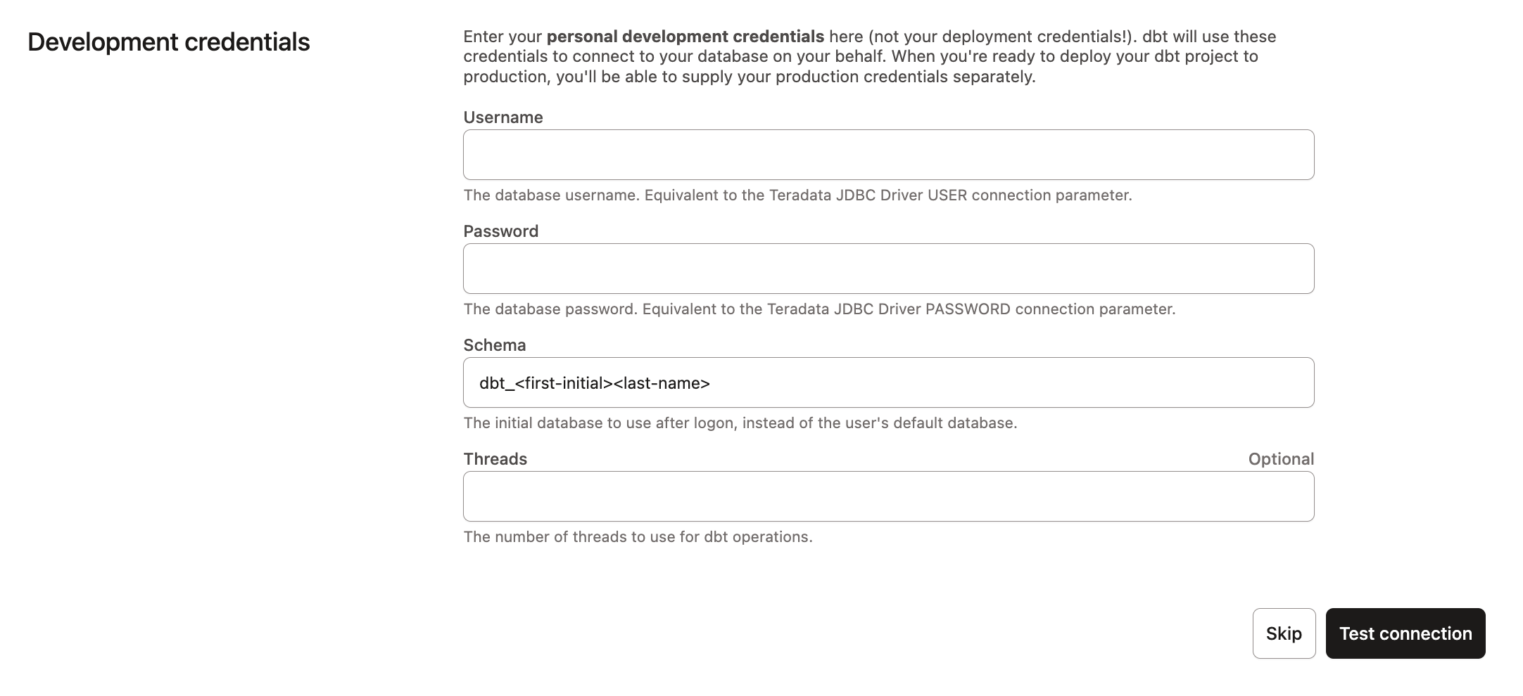dbt - Teradata User credentials dbt - Teradata User credentials